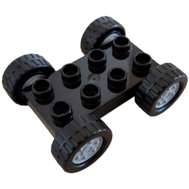 black duplo car base 2 x 4 with fixed axles black tires and light bluish gray wheels