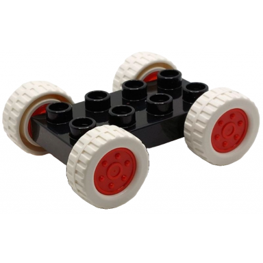 black duplo car base 2 x 4 with fixed axles white tires and red wheels