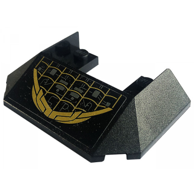 black wedge 6 x 4 cutout train roof with 5 large bottom tubes with dark bluish gray cables gold spider web and armor plates pattern sticker - set 76195