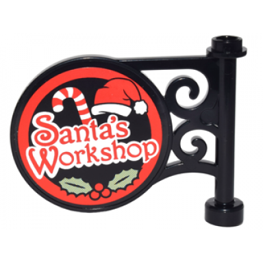 black road sign round on pole with flat top attachment with santas workshop candy cane santa hat and holly pattern on both sides stickers - set 10245