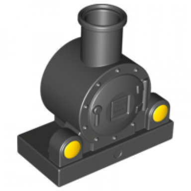 black duplo train steam engine front with yellow lights pattern