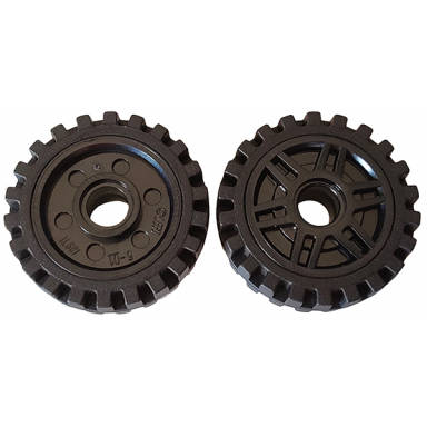 black wheel 18mm d x 8mm with fake bolts and deep spokes with inner ring with black tire 24mm d x 7mm offset tread - band around center of tread 13971 61254