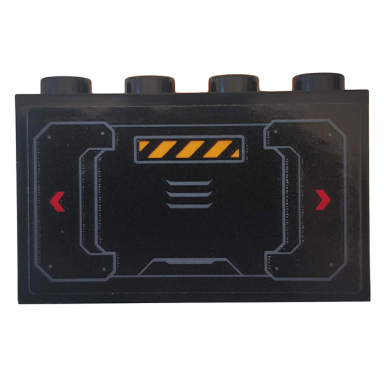 black panel 1 x 4 x 2 with side supports - hollow studs with red arrows black and yellow danger stripes and hull plates pattern sticker - set 76162