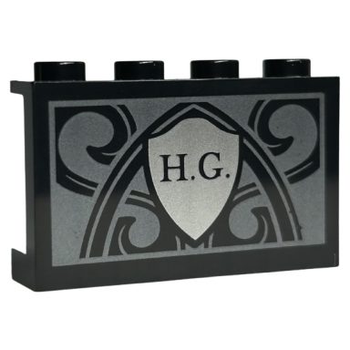 black panel 1 x 4 x 2 with side supports - hollow studs with h.g on silver shield and ornate pearl dark gray background pattern