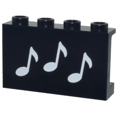 black panel 1 x 4 x 2 with side supports - hollow studs with 3 white music notes pattern