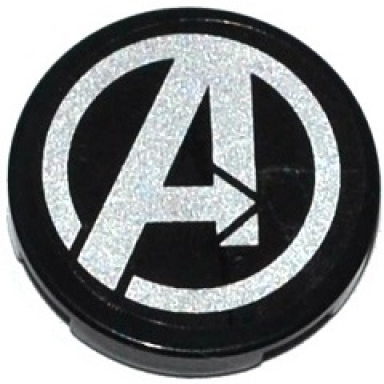 black tile round 2 x 2 with bottom stud holder with silver avengers logo pattern sticker - set 76032