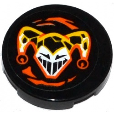 black tile round 2 x 2 with bottom stud holder with jesters head pattern sticker - set 70314