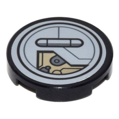 black tile round 2 x 2 with bottom stud holder with partially opened hatch and mechanical pattern sticker - set 75140