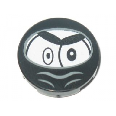 black tile round 2 x 2 with bottom stud holder with black large eyes eyebrows and ninja wrap nixel face pattern