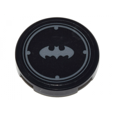 black tile round 2 x 2 with bottom stud holder with silver batman logo with circles border pattern sticker - set 70905