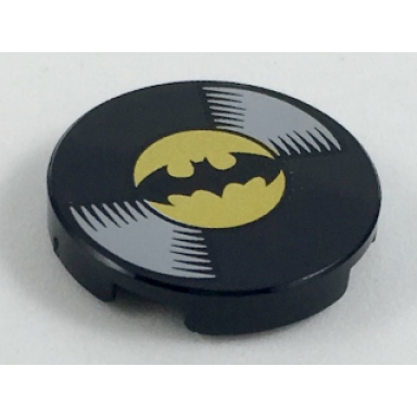 black tile round 2 x 2 with bottom stud holder with vinyl record with batman logo pattern