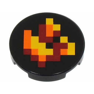 black tile round 2 x 2 with bottom stud holder with pixelated dark red orange and yellow fire pattern