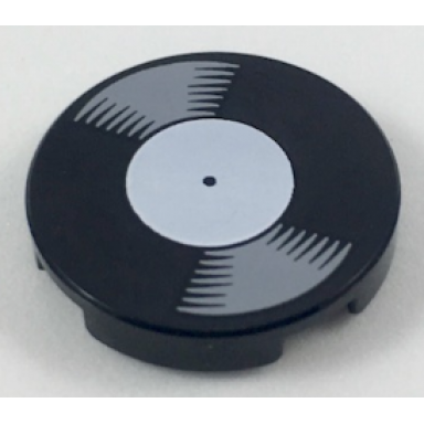 black tile round 2 x 2 with bottom stud holder with vinyl record with white label pattern
