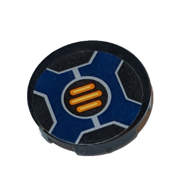 black tile round 2 x 2 with bottom stud holder with three orange bars inside dark blue cross pattern sticker - set 70326
