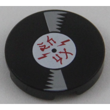 black tile round 2 x 2 with bottom stud holder with vinyl record with red ninjago logogram ac dc pattern
