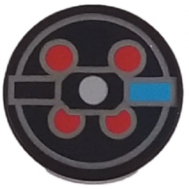 black tile round 2 x 2 with bottom stud holder with dark azure rectangle red circles and silver lines pattern brickheadz peter venkman proton pack