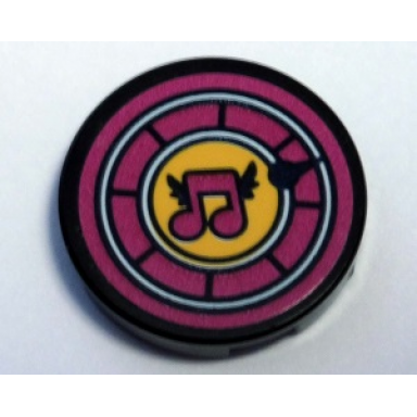 black tile round 2 x 2 with bottom stud holder with magenta musical note in yellow circle with magenta border pattern sticker - set 41346