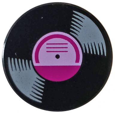 black tile round 2 x 2 with bottom stud holder with vinyl record with magenta label pattern