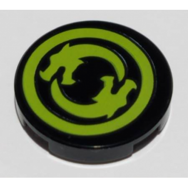 black tile round 2 x 2 with bottom stud holder with solid lime circle border with circling dragons pattern