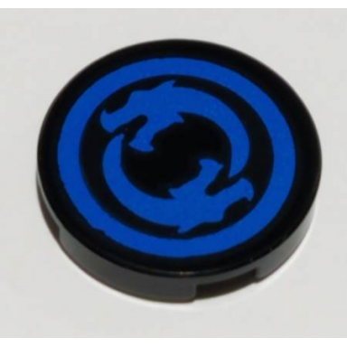 black tile round 2 x 2 with bottom stud holder with solid blue circle border with circling dragons pattern