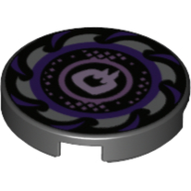 black tile round 2 x 2 with bottom stud holder with dark purple and silver saw blade circles in center pattern