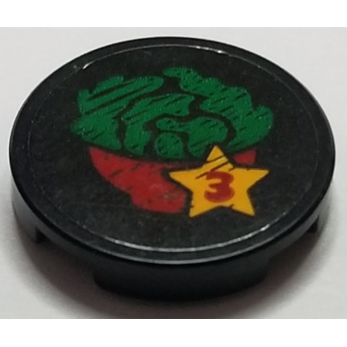 black tile round 2 x 2 with bottom stud holder with salad in bowl and red number 3 in star pattern sticker - set 41311