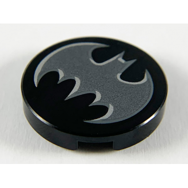 black tile round 2 x 2 with bottom stud holder with dark silver bat with silver edges batman logo pattern