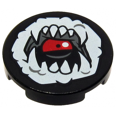 black tile round 2 x 2 with bottom stud holder with white open mouth fangs and tongue pattern