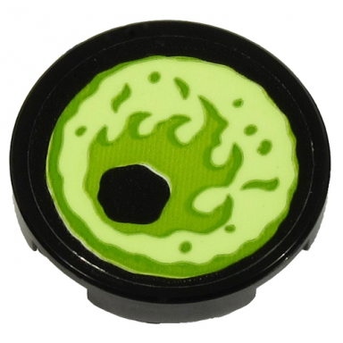 black tile round 2 x 2 with bottom stud holder with yellowish green eye on black background pattern model left side sticker - set 70432