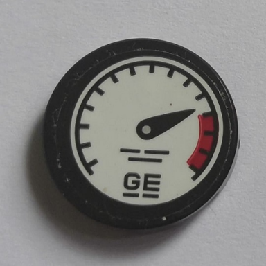 black tile round 2 x 2 with bottom stud holder with gauge and letters ge pattern sticker - set 70901