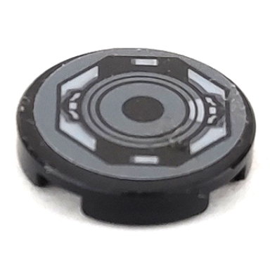 black tile round 2 x 2 with bottom stud holder with sw x-wing inspection hatch pattern sticker - set 75149