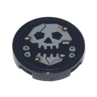 black tile round 2 x 2 with bottom stud holder with silver skull with jaw and metal rivets with rust pattern sticker - set 70840