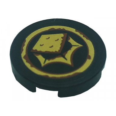 black tile round 2 x 2 with bottom stud holder with gold skull ring and reddish brown rust pattern sticker - set 71755