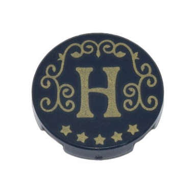 black tile round 2 x 2 with bottom stud holder with gold capital letter h filigree and stars pattern