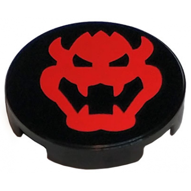 black tile round 2 x 2 with bottom stud holder with red bowser head pattern