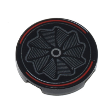 black tile round 2 x 2 with bottom stud holder with silver pinwheel wheel rim and red curved lines pattern