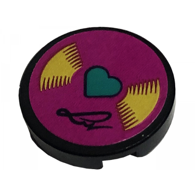 black tile round 2 x 2 with bottom stud holder with vinyl record with dark turquoise heart and signature on magenta background pattern sticker - set 41449
