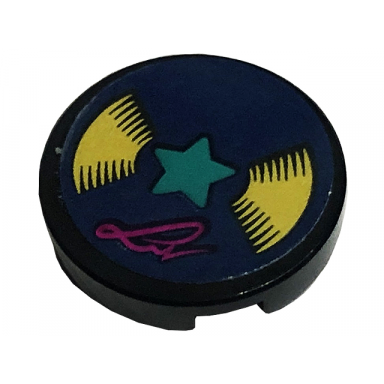 black tile round 2 x 2 with bottom stud holder with vinyl record with dark turquoise star and signature on dark blue background pattern sticker - set 41449