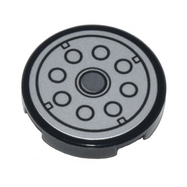 black tile round 2 x 2 with bottom stud holder with silver reflector with dark bluish gray circles pattern sticker - set 10298