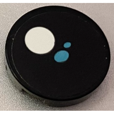 black tile round 2 x 2 with bottom stud holder with black eye white pupil and 2 medium azure ovals pattern model left side sticker - set 40251