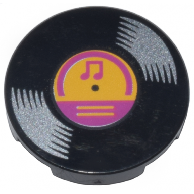 black tile round 2 x 2 with bottom stud holder with vinyl record with bright light orange and magenta center and musical notes pattern