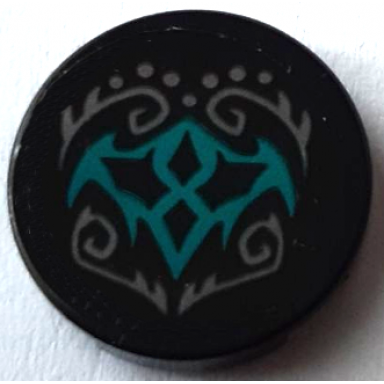black tile round 2 x 2 with bottom stud holder with dark bluish gray elves scrollwork and dots and dark turquoise bat wings pattern sticker - set 41195