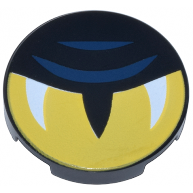 black tile round 2 x 2 with bottom stud holder with yellow eye half closed slit pupil white glints and dark blue eyelid lines pattern