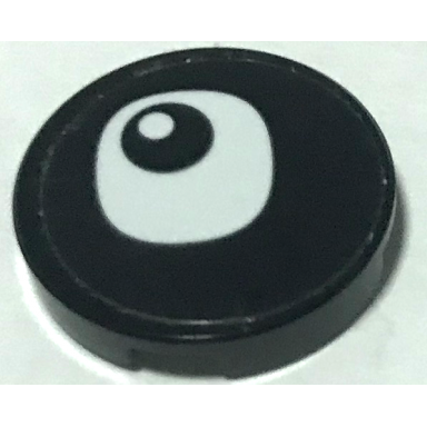 black tile round 2 x 2 with bottom stud holder with black eye and white pupil pattern model left side sticker - set 40251