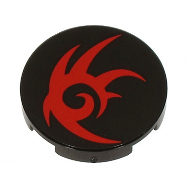 black tile round 2 x 2 with bottom stud holder with red tribal symbol pattern shadow the hedgehog logo