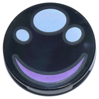 black tile round 2 x 2 with bottom stud holder with 3 white dots pupils and medium lavender curved line smile pattern