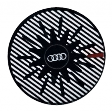black tile round 2 x 2 with bottom stud holder with white audi logo silver stripes and red stripe pattern