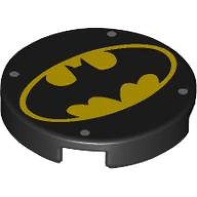 black tile round 2 x 2 with bottom stud holder with bat on yellow oval batman logo and 4 silver dots pattern