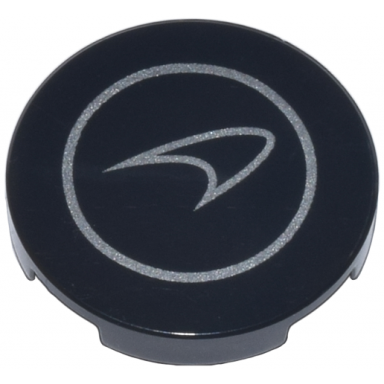 black tile round 2 x 2 with bottom stud holder with silver mclaren logo in circle pattern