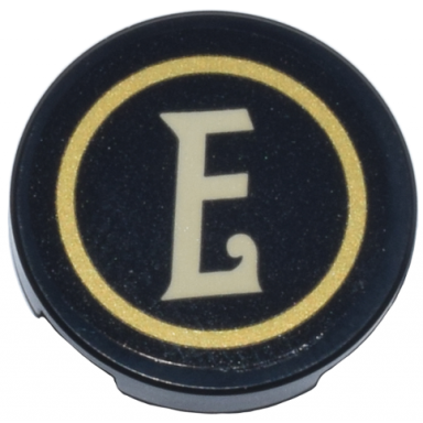 black tile round 2 x 2 with bottom stud holder with gold circle and tan letter e pattern sticker - set 10351